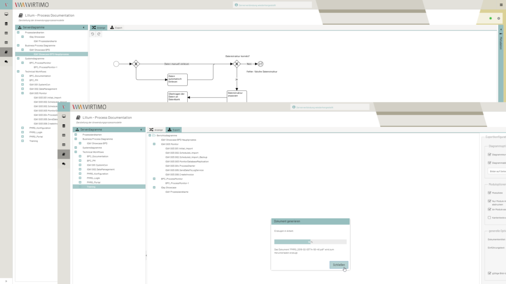 Documentation: Integrierte Funktionen zur Applikations-, Prozess- und Funktionsdokumentation sowie für den Export von Daten.